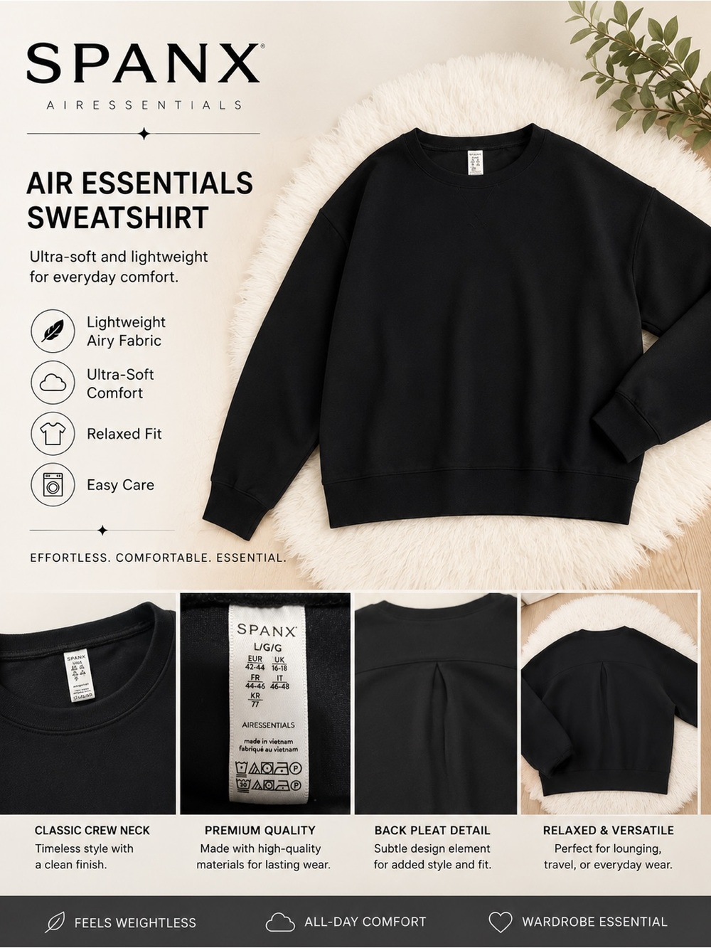 SPANX Air Essentials Black Crewneck Sweatshirt for Women Size Large
